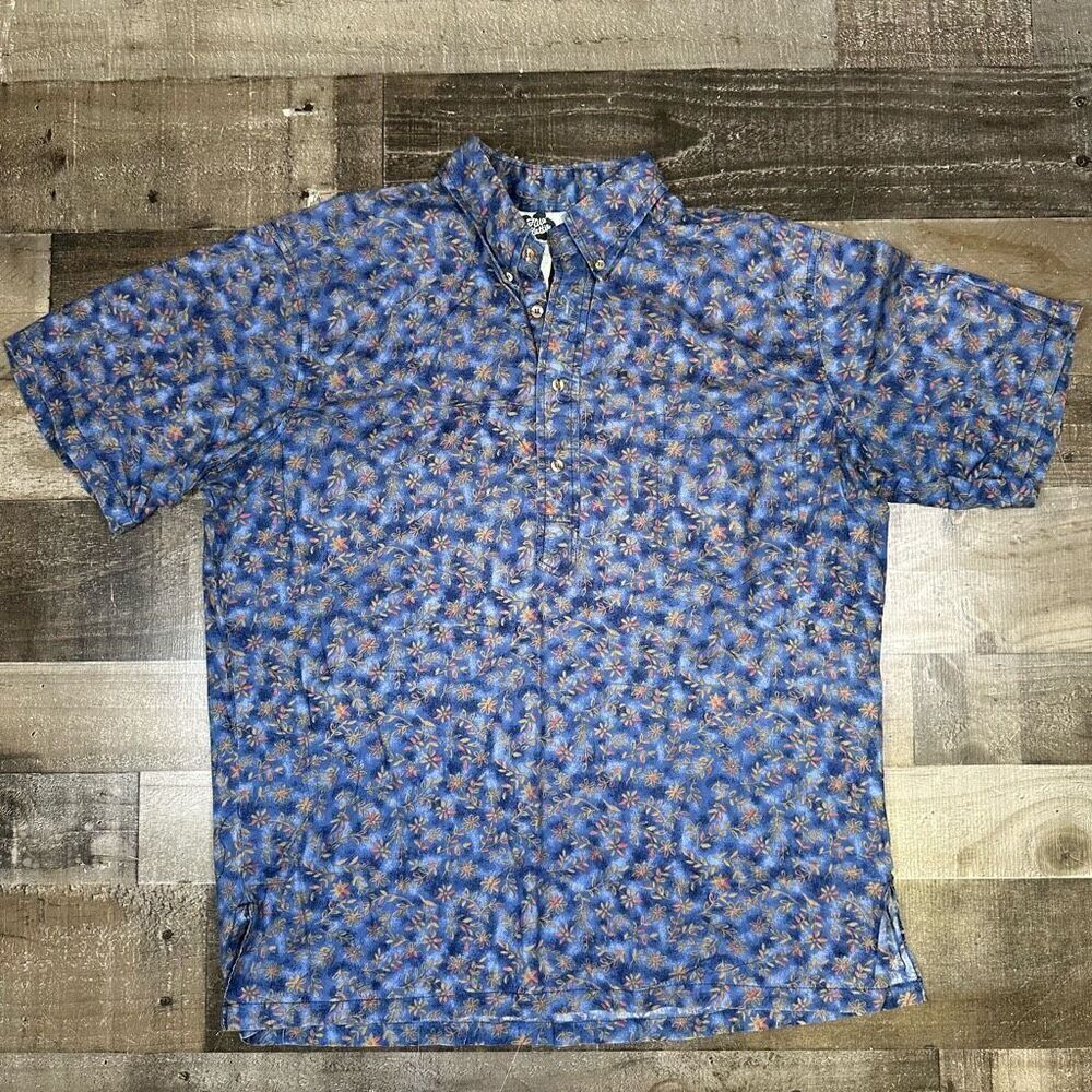 Hilo Hattie Men’s Size Large Casual Button Down Shirt Blue Floral Vintage Retro